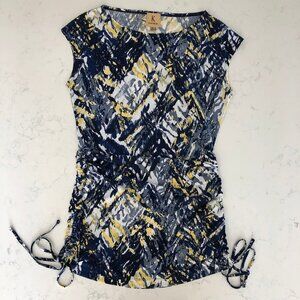 Kasper Abstract Print Mini Dress/Tunic Boat Neck Side Ruching Multi Color Sz S